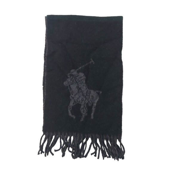 POLO Ralph Lauren Black Gray Big Pony Reversible Scarf Embroidered Polo Logo - Picture 1 of 6